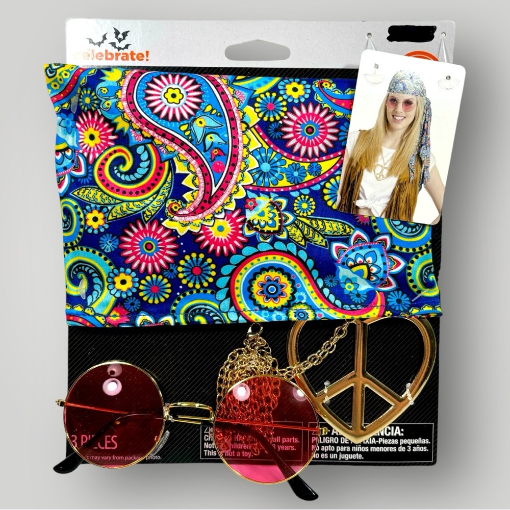 Halloween Hippie 3 piece costume Glasses, peace necklace and Headband Costume!
